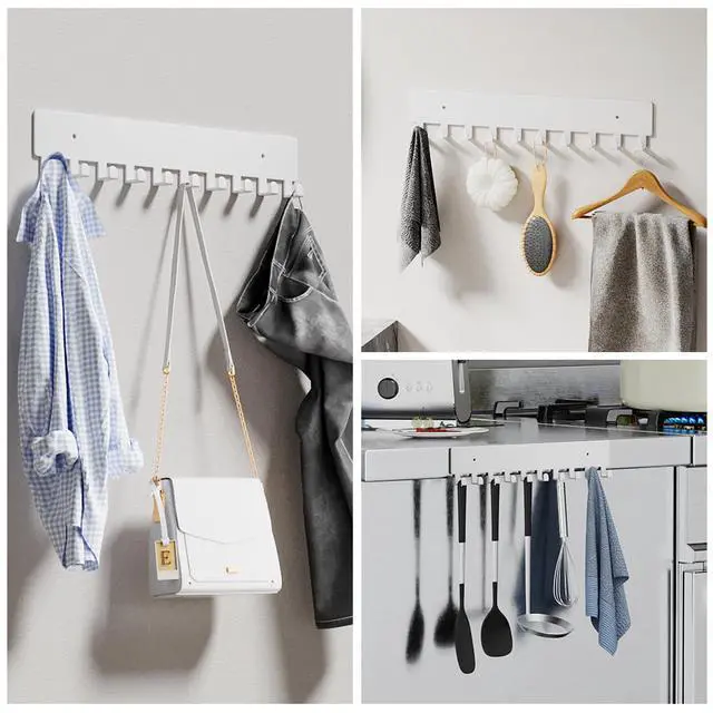 Alt view image 6 of 6 - Key Holder for Wall, Key Hooks with 10 Hooks, Wall Mounted Key Holder for Hallway, Self Adhesive Key Rack(White)