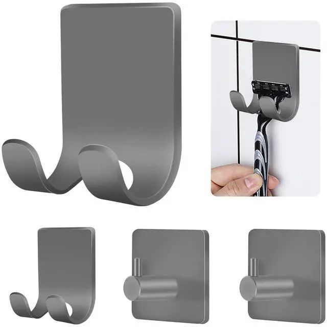 Main image of Pack Shower Hooks - Self Adhesive Shaver Holder Hanger for Bathroom, Damage Free Wall Hooks for Razor, Loofah Sponge - Grey