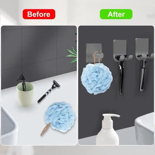 Alt view image 5 of 7 - Pack Shower Hooks - Self Adhesive Shaver Holder Hanger for Bathroom, Damage Free Wall Hooks for Razor, Loofah Sponge - Grey