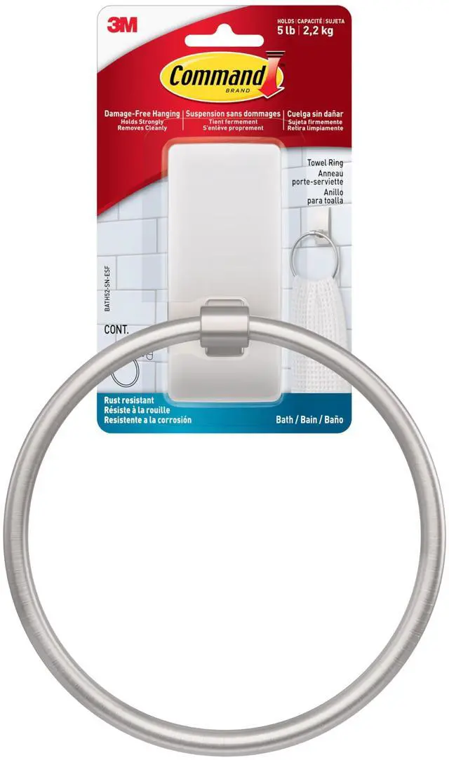 Main image of Hand Towel Holder Satin Nickel with Water Resistant Command Strips, Rust Resistant Bathroom Organizer, Holds up to 5 lbs