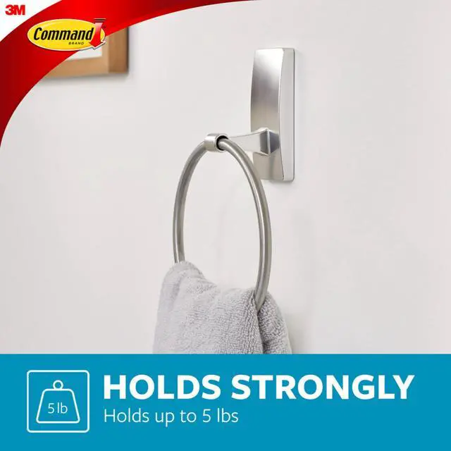 Alt view image 4 of 7 - Hand Towel Holder Satin Nickel with Water Resistant Command Strips, Rust Resistant Bathroom Organizer, Holds up to 5 lbs