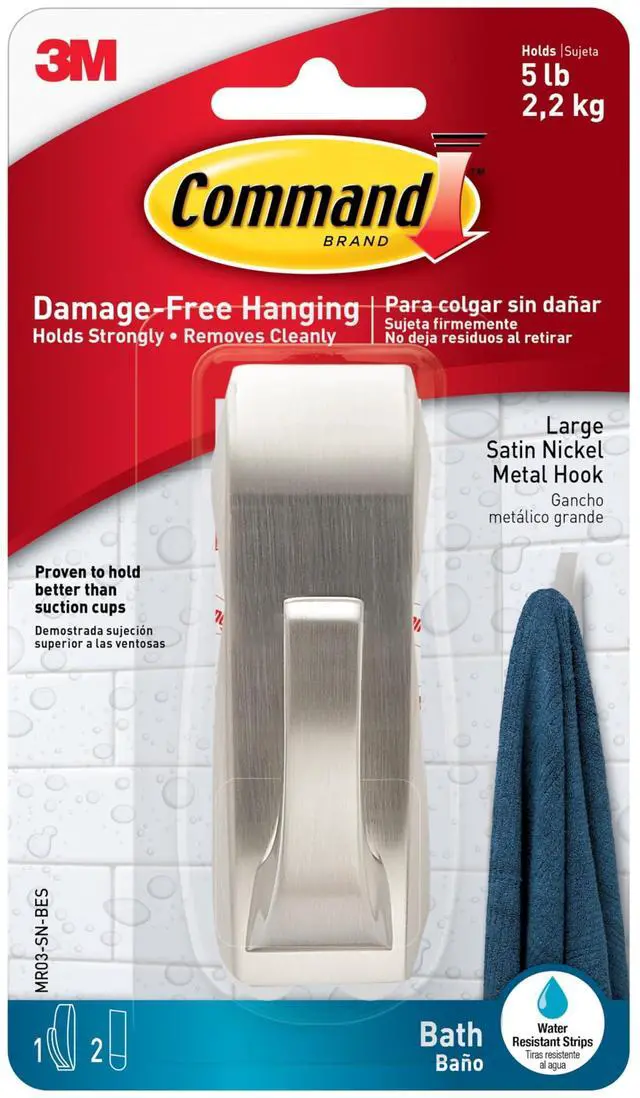 Main image of Modern Reflections Large Metal Bath Hook, Satin Nickel, 1-Hook with Water-Resistant Strips, Organize Damage-Free