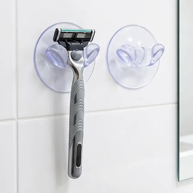 Alt view image 3 of 7 - Razor Holder for Shower 2 Pack, Self-Adhesive Silicone Suction Cup Hooks, Removable Reusable Waterproof for Hanging Razors Towels Keys Hats, No Drilling Easy Install on Tile Glass Metal - Clear