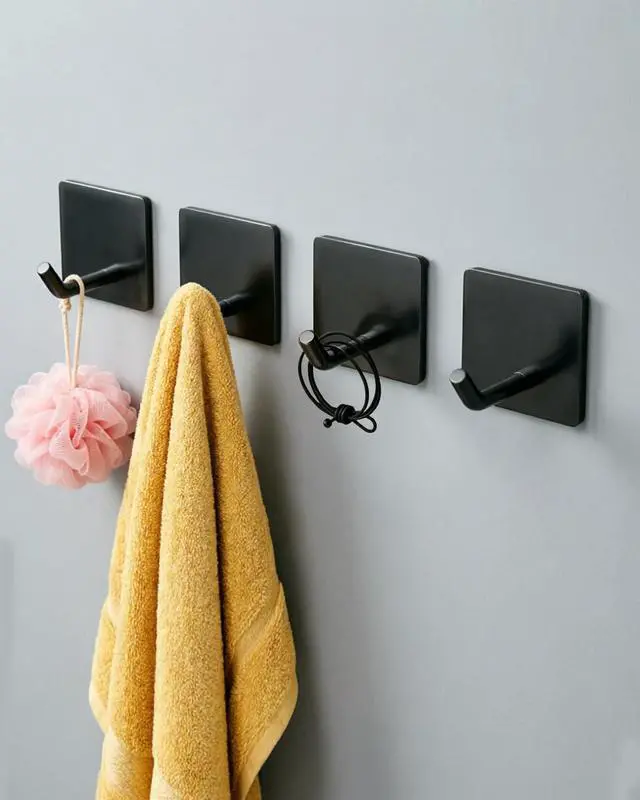 Main image of Stick On Towel Hooks for Bathroom, Heavy Duty Self Adhesive Wall Hooks, Waterproof No Drill Hangers for Kitchen Bedroom, 4 Pack Black