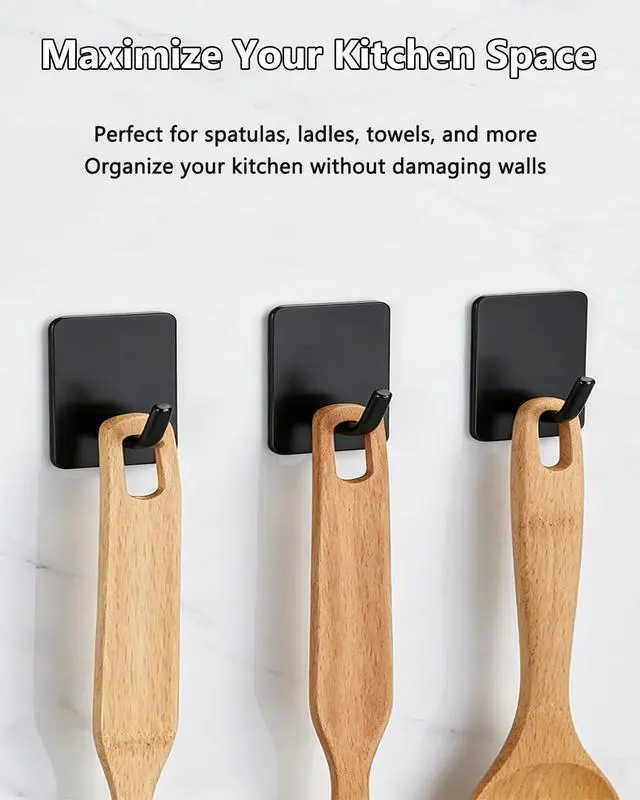 Alt view image 4 of 7 - Stick On Towel Hooks for Bathroom, Heavy Duty Self Adhesive Wall Hooks, Waterproof No Drill Hangers for Kitchen Bedroom, 4 Pack Black