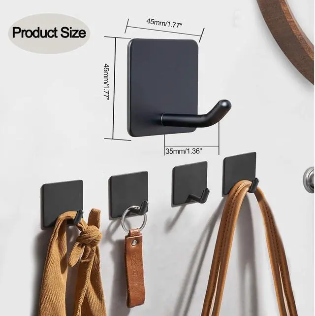 Alt view image 5 of 7 - Stick On Towel Hooks for Bathroom, Heavy Duty Self Adhesive Wall Hooks, Waterproof No Drill Hangers for Kitchen Bedroom, 4 Pack Black
