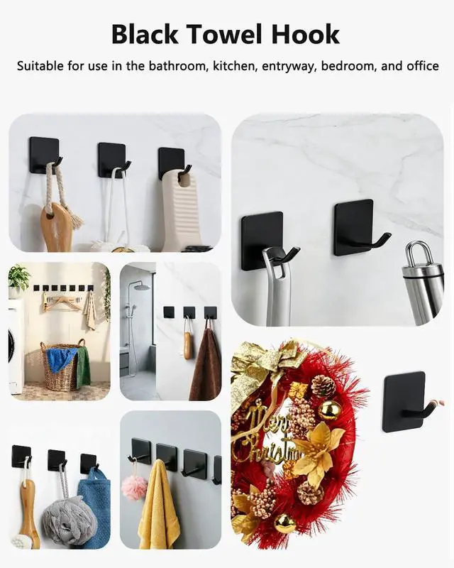 Alt view image 6 of 7 - Stick On Towel Hooks for Bathroom, Heavy Duty Self Adhesive Wall Hooks, Waterproof No Drill Hangers for Kitchen Bedroom, 4 Pack Black