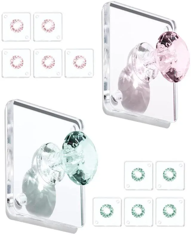 Main image of Diamond Acrylic Adhesive Wall Hooks, 12-Pack Small Decorative Hooks for Keys, Jewelry, Towels, Kitchen & Bathroom (Green & Pink)