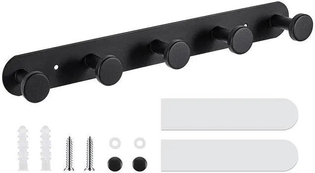 Main image of Coat Hooks Wall Mounted, Black Coat Rack with 5 Hooks Adhesive & Screw in Door Hooks Heavy Duty Coat Hanger Towel Hooks for Wall Towels Clothes Hat