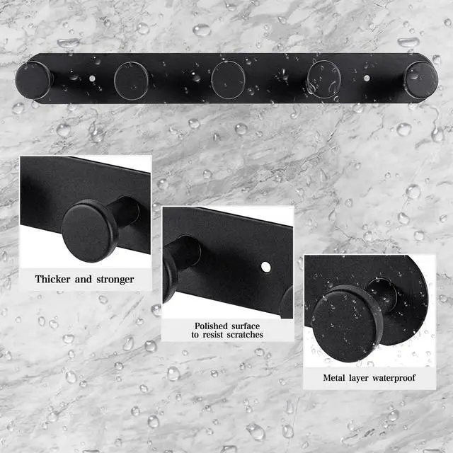 Alt view image 5 of 7 - Coat Hooks Wall Mounted, Black Coat Rack with 5 Hooks Adhesive & Screw in Door Hooks Heavy Duty Coat Hanger Towel Hooks for Wall Towels Clothes Hat