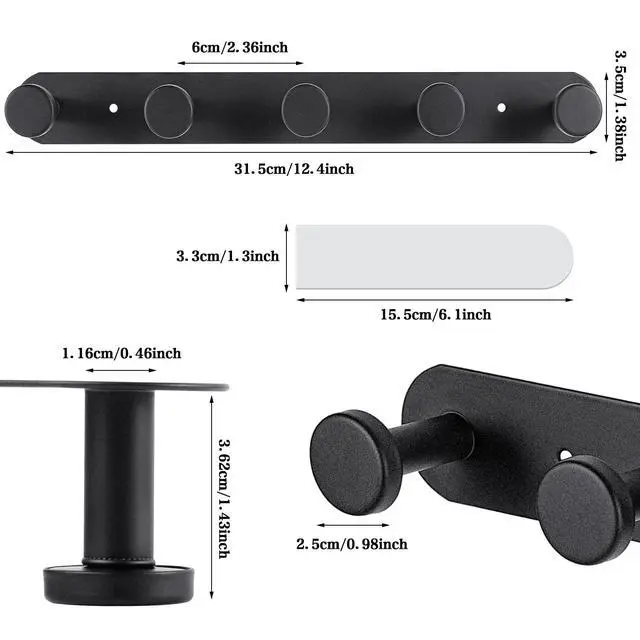 Alt view image 2 of 7 - Coat Hooks Wall Mounted, Black Coat Rack with 5 Hooks Adhesive & Screw in Door Hooks Heavy Duty Coat Hanger Towel Hooks for Wall Towels Clothes Hat