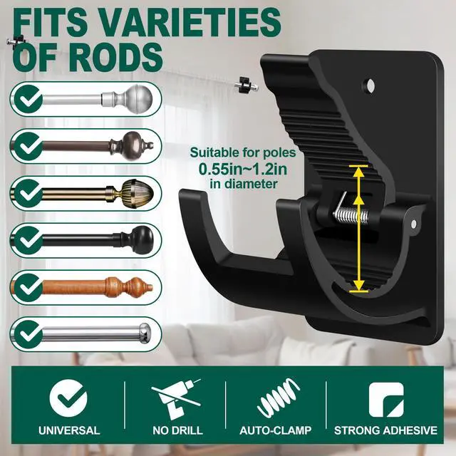 Alt view image 4 of 7 - No Drill Curtain Rod Brackets, 8 PCS Self Adhesive Curtain Hooks 20lb, Peel and Stick Wall Hooks, Renter Friendly Upgrades for Apartment, Kitchen, Bathroom, Dorm, Living Room and RV