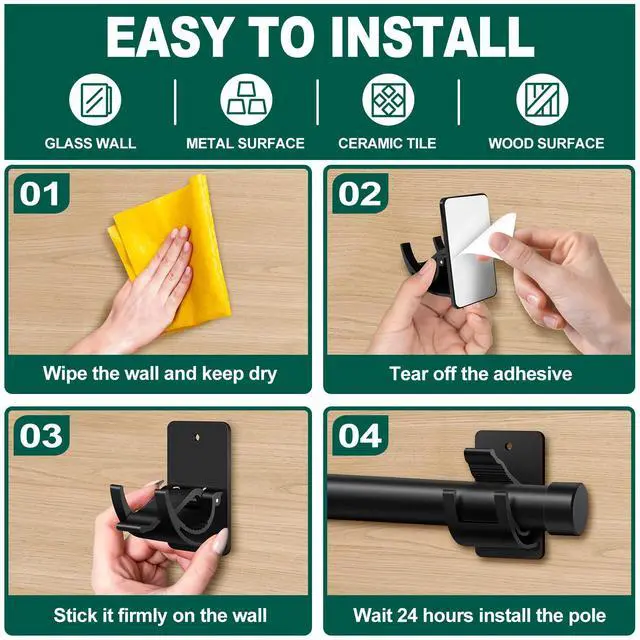 Alt view image 7 of 7 - No Drill Curtain Rod Brackets, 8 PCS Self Adhesive Curtain Hooks 20lb, Peel and Stick Wall Hooks, Renter Friendly Upgrades for Apartment, Kitchen, Bathroom, Dorm, Living Room and RV