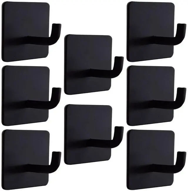 Main image of Adhesive Hooks Heavy Duty 8 Pack Stainless Steel Wall Hooks No Drill, Waterproof Bathroom Towel Hooks, Removable Sticky Hooks for Kitchen Shower Door Bedroom 15 lbs Max, Matte Black