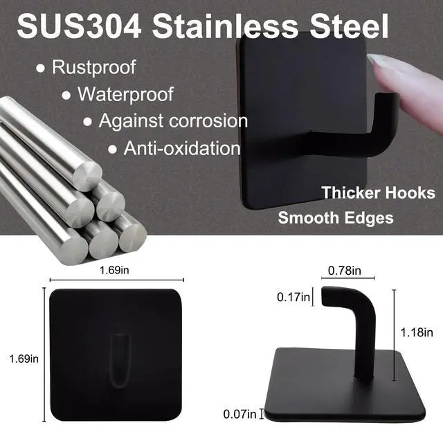 Alt view image 5 of 7 - Adhesive Hooks Heavy Duty 8 Pack Stainless Steel Wall Hooks No Drill, Waterproof Bathroom Towel Hooks, Removable Sticky Hooks for Kitchen Shower Door Bedroom 15 lbs Max, Matte Black