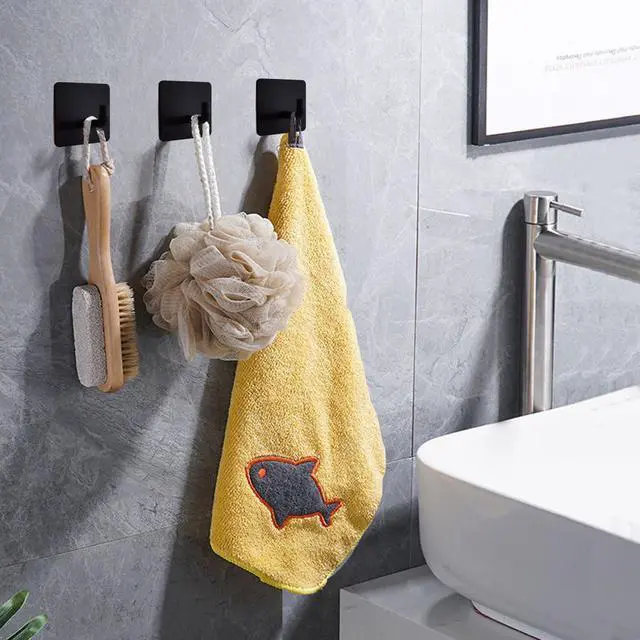 Alt view image 3 of 7 - Adhesive Hooks Heavy Duty 8 Pack Stainless Steel Wall Hooks No Drill, Waterproof Bathroom Towel Hooks, Removable Sticky Hooks for Kitchen Shower Door Bedroom 15 lbs Max, Matte Black