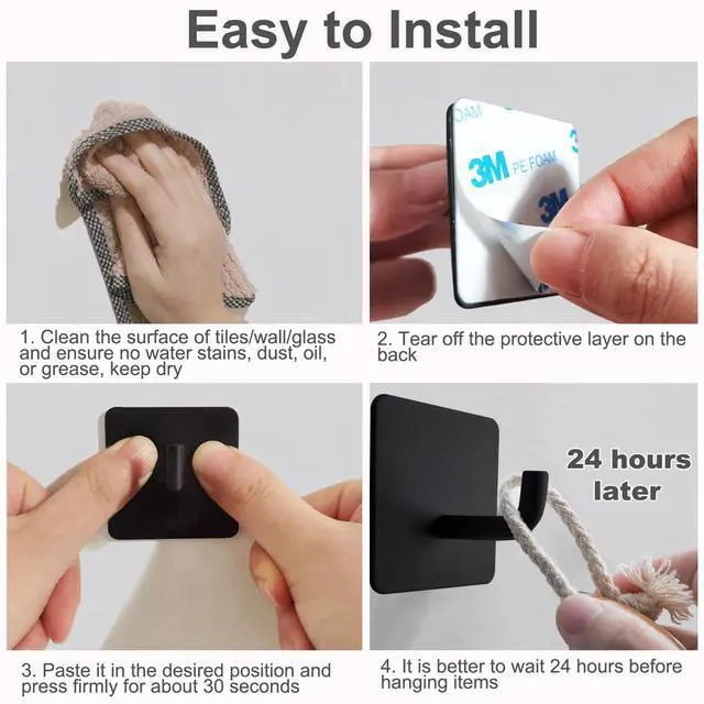 Alt view image 6 of 7 - Adhesive Hooks Heavy Duty 8 Pack Stainless Steel Wall Hooks No Drill, Waterproof Bathroom Towel Hooks, Removable Sticky Hooks for Kitchen Shower Door Bedroom 15 lbs Max, Matte Black