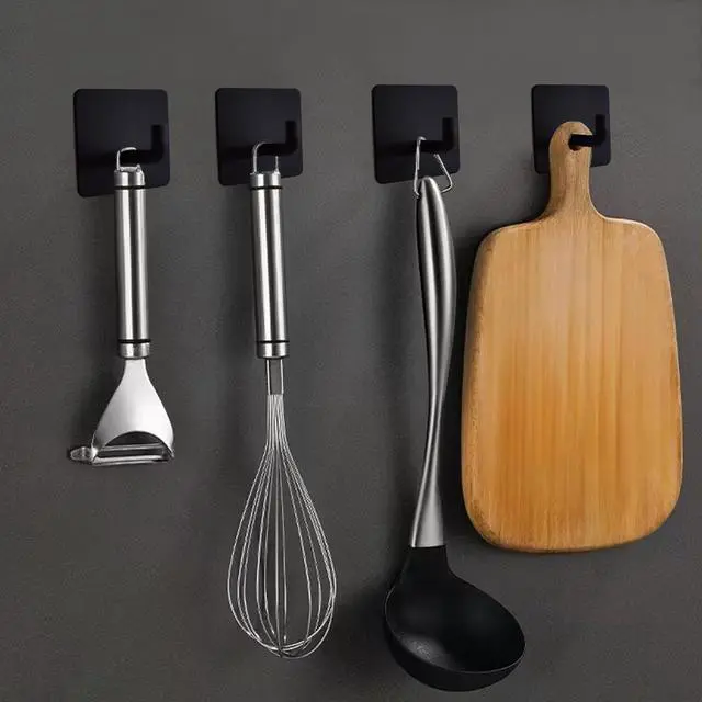 Alt view image 4 of 7 - Adhesive Hooks Heavy Duty 8 Pack Stainless Steel Wall Hooks No Drill, Waterproof Bathroom Towel Hooks, Removable Sticky Hooks for Kitchen Shower Door Bedroom 15 lbs Max, Matte Black