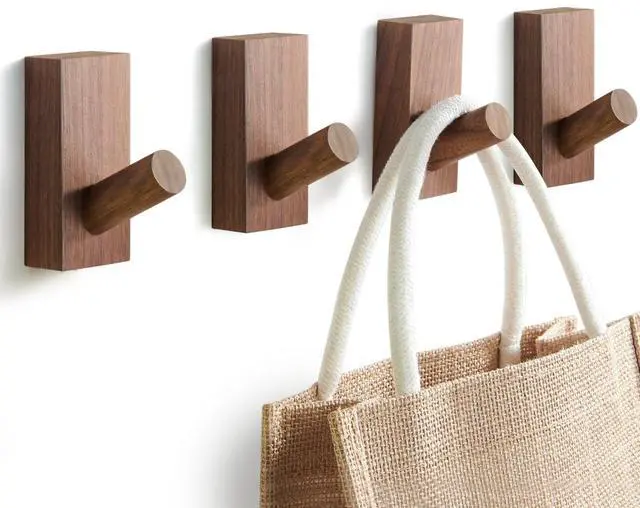 Main image of Natural Wooden Wall Hooks, Adhesive & Screw Mount Coat and Towel Hooks - Decorative Key Holder, Hat Rack, Stocking Wall Hangers for Bathroom Entryway Closet - 4 Pack, Walnut Wood