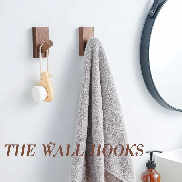 Alt view image 2 of 7 - Natural Wooden Wall Hooks, Adhesive & Screw Mount Coat and Towel Hooks - Decorative Key Holder, Hat Rack, Stocking Wall Hangers for Bathroom Entryway Closet - 4 Pack, Walnut Wood