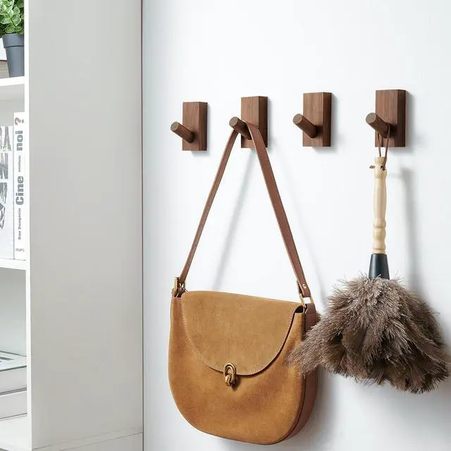 Alt view image 5 of 7 - Natural Wooden Wall Hooks, Adhesive & Screw Mount Coat and Towel Hooks - Decorative Key Holder, Hat Rack, Stocking Wall Hangers for Bathroom Entryway Closet - 4 Pack, Walnut Wood