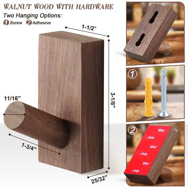 Alt view image 6 of 7 - Natural Wooden Wall Hooks, Adhesive & Screw Mount Coat and Towel Hooks - Decorative Key Holder, Hat Rack, Stocking Wall Hangers for Bathroom Entryway Closet - 4 Pack, Walnut Wood