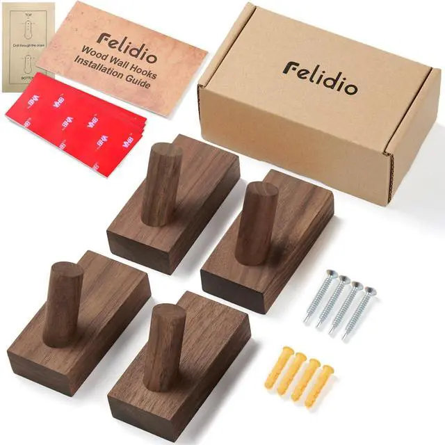Alt view image 7 of 7 - Natural Wooden Wall Hooks, Adhesive & Screw Mount Coat and Towel Hooks - Decorative Key Holder, Hat Rack, Stocking Wall Hangers for Bathroom Entryway Closet - 4 Pack, Walnut Wood