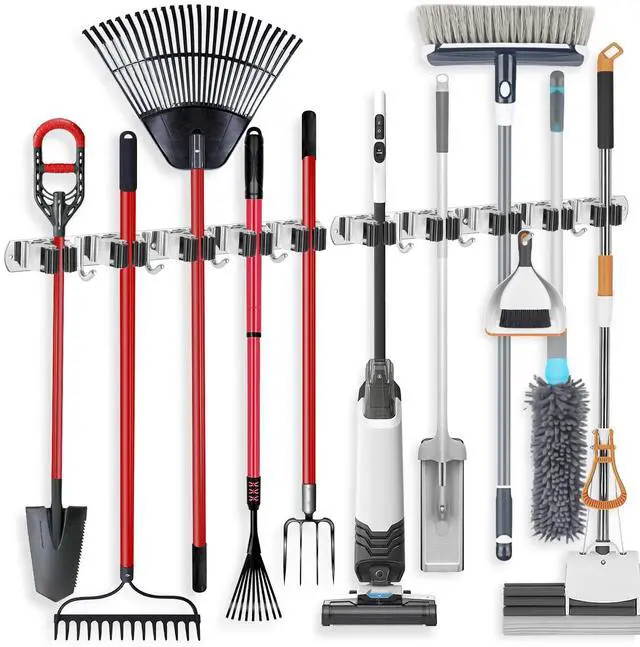 Main image of Pack Wall Mount Broom Holder Stainless Steel 5 Racks with 4 Hooks Broom Organizer Self Adhesive Heavy Duty Laundry Room, Garage Organization Storage