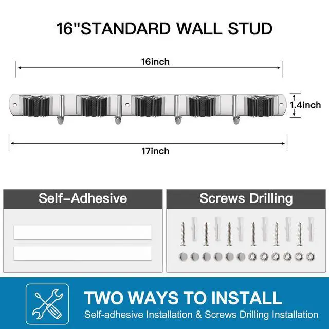 Alt view image 6 of 7 - Pack Wall Mount Broom Holder Stainless Steel 5 Racks with 4 Hooks Broom Organizer Self Adhesive Heavy Duty Laundry Room, Garage Organization Storage