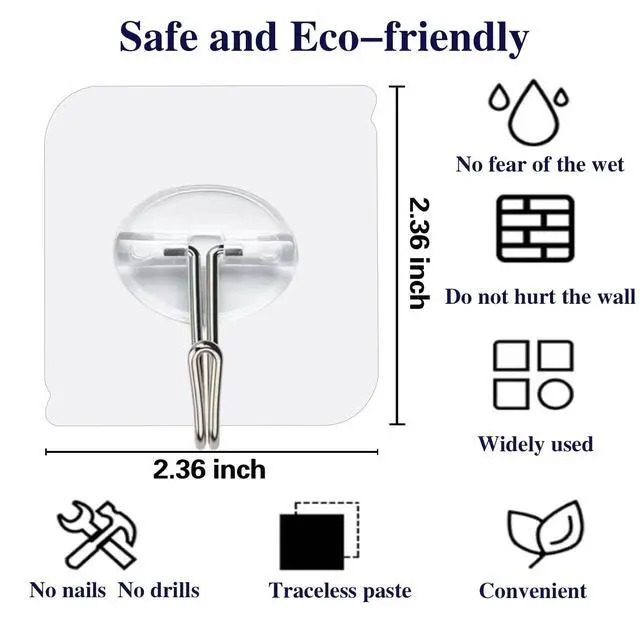 Alt view image 2 of 7 - 100 Pack Adhesive Hooks Wall Hooks 24lb(Max) Heavy Duty Self Adhesive Hooks,Transparent Reusable Adhesive Wall Hooks for Hanging for Kitchens, Bathroom, Office