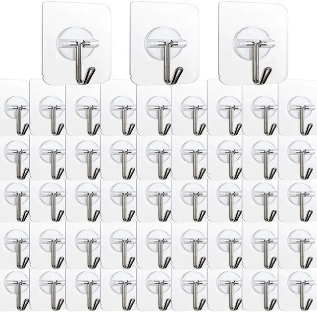 Main image of 100 Pack Adhesive Hooks Wall Hooks 24lb(Max) Heavy Duty Self Adhesive Hooks,Transparent Reusable Adhesive Wall Hooks for Hanging for Kitchens, Bathroom, Office