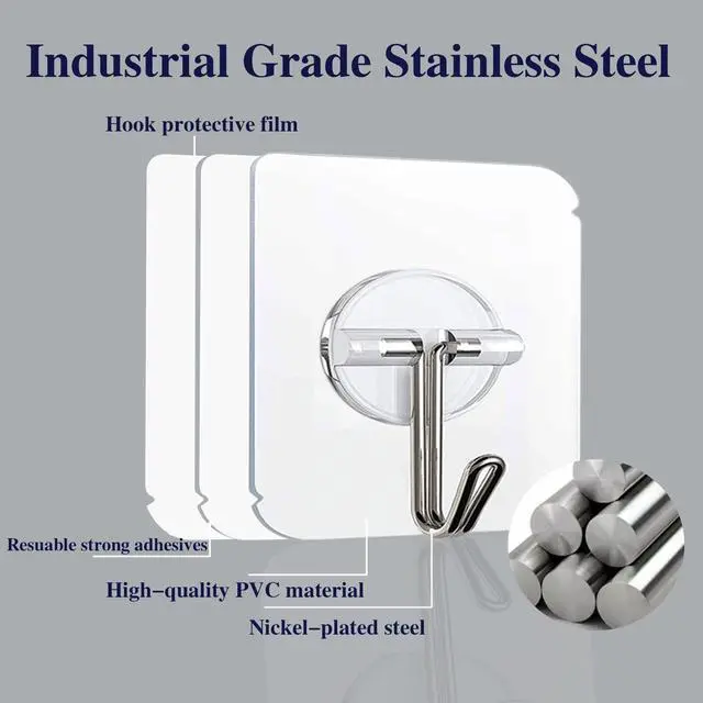 Alt view image 3 of 7 - 100 Pack Adhesive Hooks Wall Hooks 24lb(Max) Heavy Duty Self Adhesive Hooks,Transparent Reusable Adhesive Wall Hooks for Hanging for Kitchens, Bathroom, Office