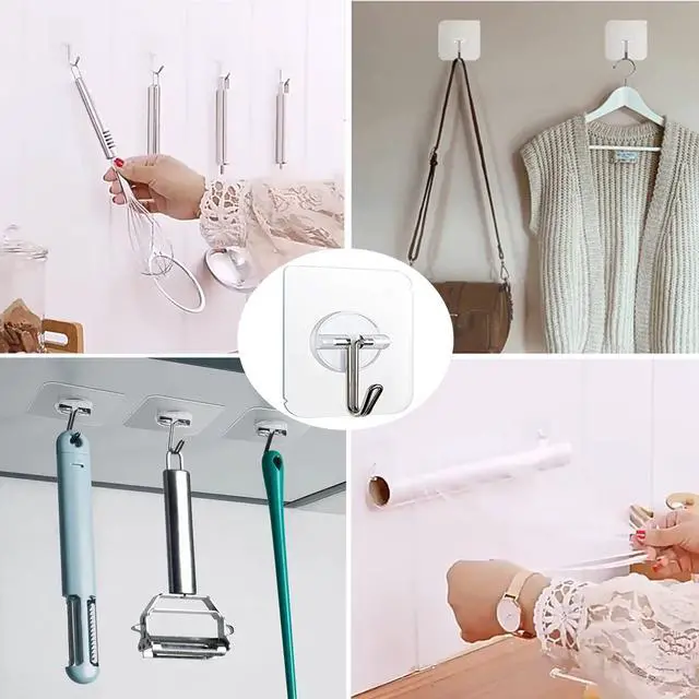 Alt view image 7 of 7 - 100 Pack Adhesive Hooks Wall Hooks 24lb(Max) Heavy Duty Self Adhesive Hooks,Transparent Reusable Adhesive Wall Hooks for Hanging for Kitchens, Bathroom, Office