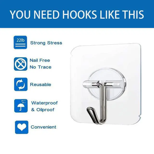 Alt view image 2 of 7 - Pack Adhesive Hooks 24lb(Max) Heavy Duty Self Adhesive Hooks, Transparent Reusable Seamless Adhesive Wall Hooks for Kitchens, Bathroom, Office