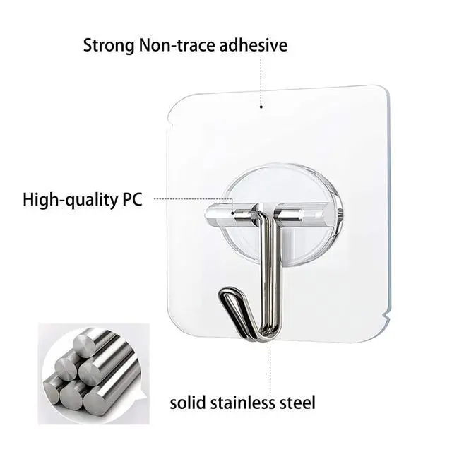 Alt view image 4 of 7 - Pack Adhesive Hooks 24lb(Max) Heavy Duty Self Adhesive Hooks, Transparent Reusable Seamless Adhesive Wall Hooks for Kitchens, Bathroom, Office