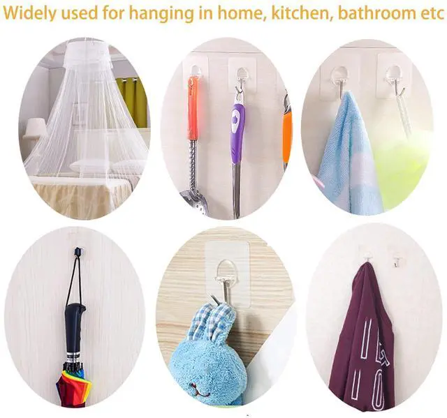 Alt view image 6 of 7 - Pack Adhesive Hooks 24lb(Max) Heavy Duty Self Adhesive Hooks, Transparent Reusable Seamless Adhesive Wall Hooks for Kitchens, Bathroom, Office