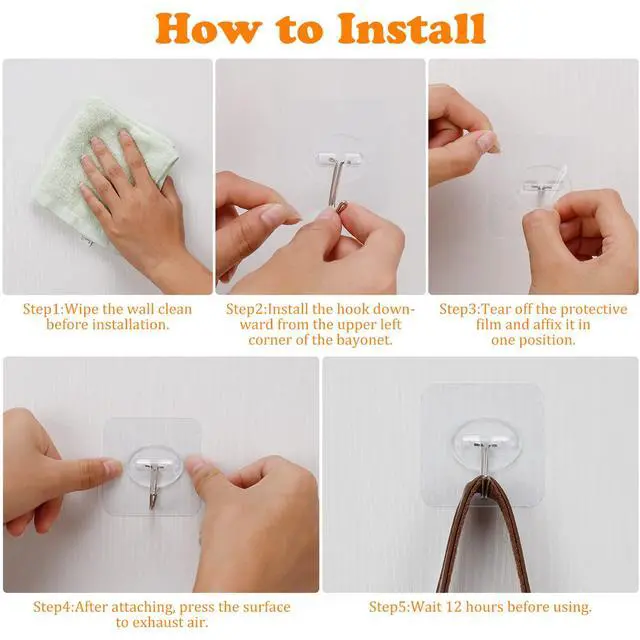 Alt view image 5 of 7 - Pack Adhesive Hooks 24lb(Max) Heavy Duty Self Adhesive Hooks, Transparent Reusable Seamless Adhesive Wall Hooks for Kitchens, Bathroom, Office