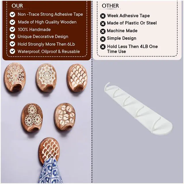 Alt view image 5 of 7 - Lb Decorative Wood Adhesive Wall HooksBoho Peel and Stick Hooks for Keys, Hats, Towels, Bags & Entryway Decor, Self Adhesive Wall Mounted Hooks for Home Organization -6 Pieces