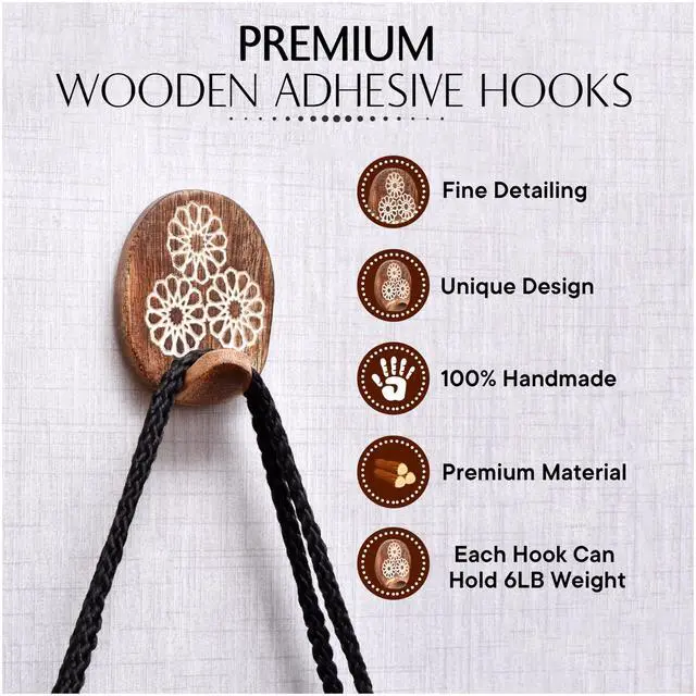 Alt view image 6 of 7 - Lb Decorative Wood Adhesive Wall HooksBoho Peel and Stick Hooks for Keys, Hats, Towels, Bags & Entryway Decor, Self Adhesive Wall Mounted Hooks for Home Organization -6 Pieces