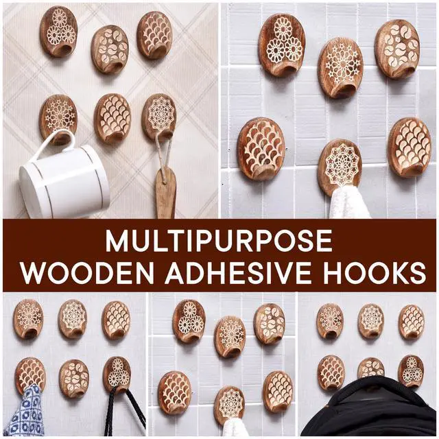 Alt view image 7 of 7 - Lb Decorative Wood Adhesive Wall HooksBoho Peel and Stick Hooks for Keys, Hats, Towels, Bags & Entryway Decor, Self Adhesive Wall Mounted Hooks for Home Organization -6 Pieces