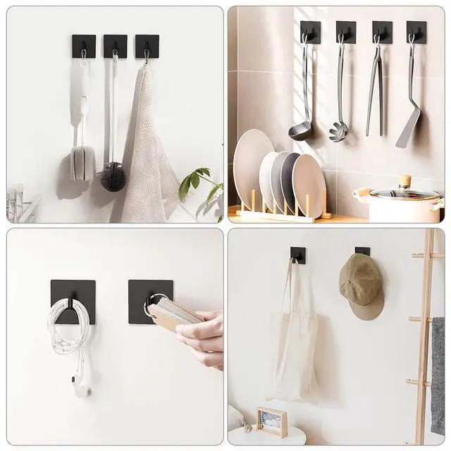 Alt view image 2 of 7 - Adhesive Towel Hooks, Shower Wall Stick on Hooks, Black, 4 Pcs