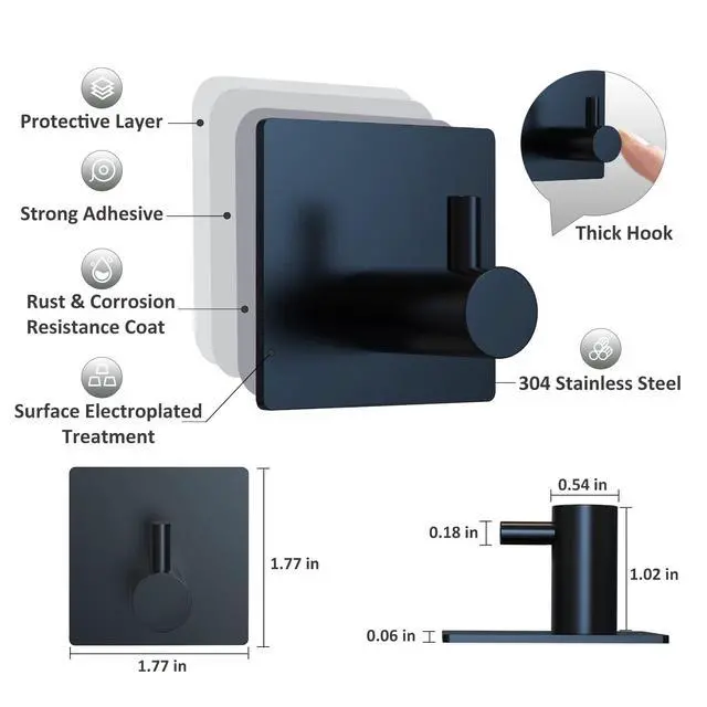 Alt view image 3 of 7 - Adhesive Towel Hooks, Shower Wall Stick on Hooks, Black, 4 Pcs