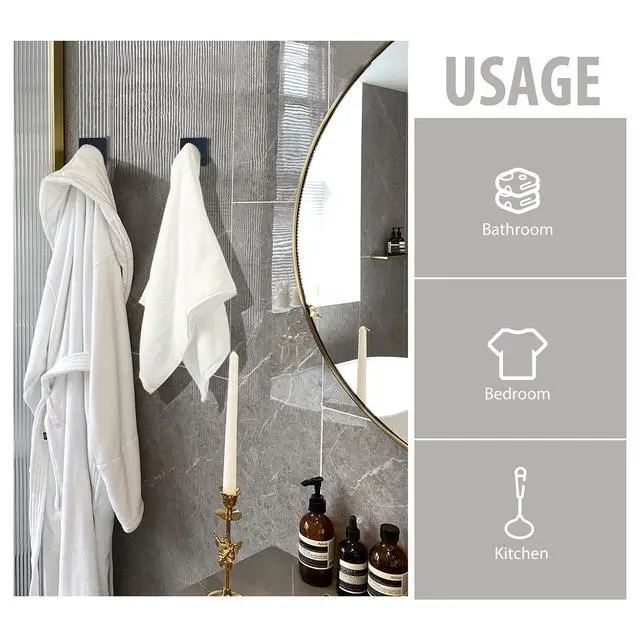 Alt view image 5 of 7 - Adhesive Towel Hooks, Shower Wall Stick on Hooks, Black, 4 Pcs