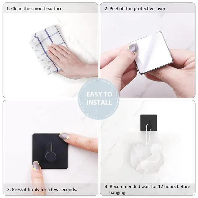 Alt view image 7 of 7 - Adhesive Towel Hooks, Shower Wall Stick on Hooks, Black, 4 Pcs