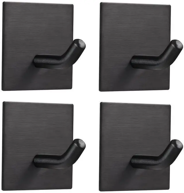 Main image of Heavy Duty Adhesive Hooks, Stick on Wall Adhesive Hangers, Strong Stainless Steel Holder, Self Adhesive Hooks for Kitchen Bathroom Home Door Towel Coat Key Robe 4 Packs Black