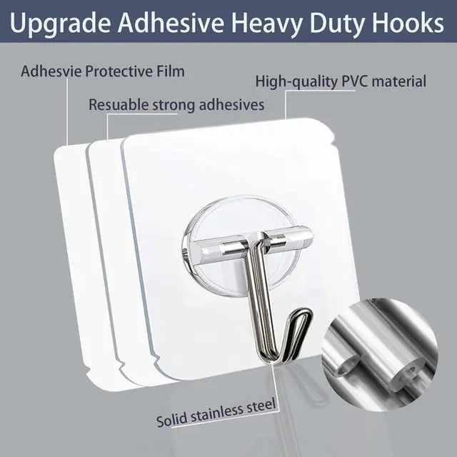 Alt view image 2 of 7 - 150 Pack Adhesive Hooks Wall Hooks 24lb(Max) Self Adhesive Hooks Heavy Duty,Transparent Reusable Adhesive Wall Hooks for Hanging for Kitchens, Bathroom, Office