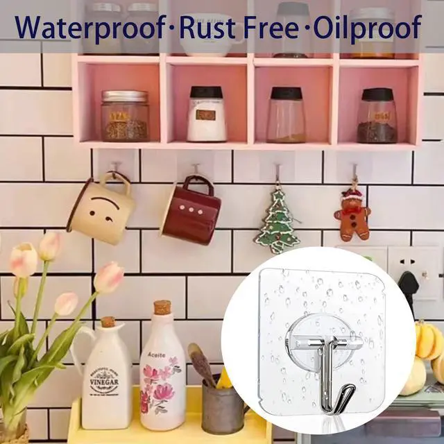 Alt view image 5 of 7 - 150 Pack Adhesive Hooks Wall Hooks 24lb(Max) Self Adhesive Hooks Heavy Duty,Transparent Reusable Adhesive Wall Hooks for Hanging for Kitchens, Bathroom, Office