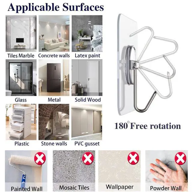 Alt view image 6 of 7 - 150 Pack Adhesive Hooks Wall Hooks 24lb(Max) Self Adhesive Hooks Heavy Duty,Transparent Reusable Adhesive Wall Hooks for Hanging for Kitchens, Bathroom, Office