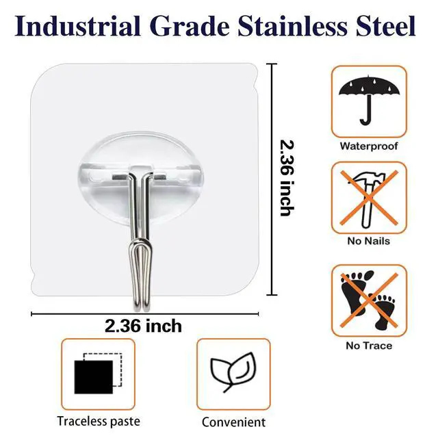 Alt view image 3 of 7 - 150 Pack Adhesive Hooks Wall Hooks 24lb(Max) Self Adhesive Hooks Heavy Duty,Transparent Reusable Adhesive Wall Hooks for Hanging for Kitchens, Bathroom, Office