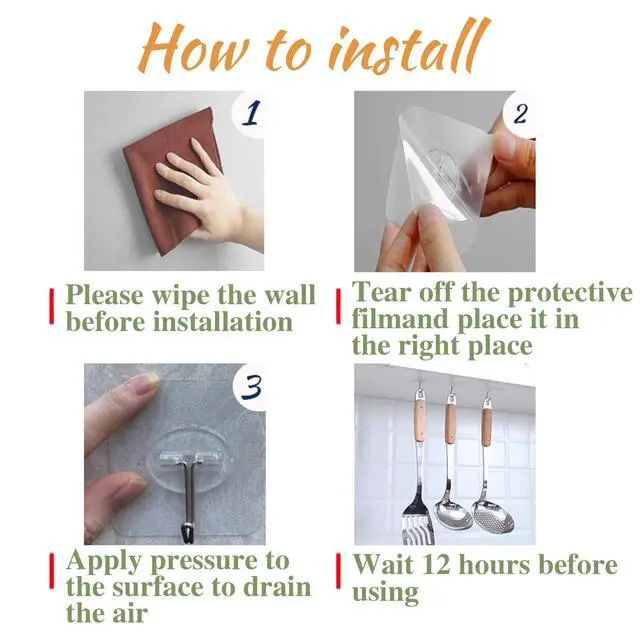 Alt view image 7 of 7 - 150 Pack Adhesive Hooks Wall Hooks 24lb(Max) Self Adhesive Hooks Heavy Duty,Transparent Reusable Adhesive Wall Hooks for Hanging for Kitchens, Bathroom, Office